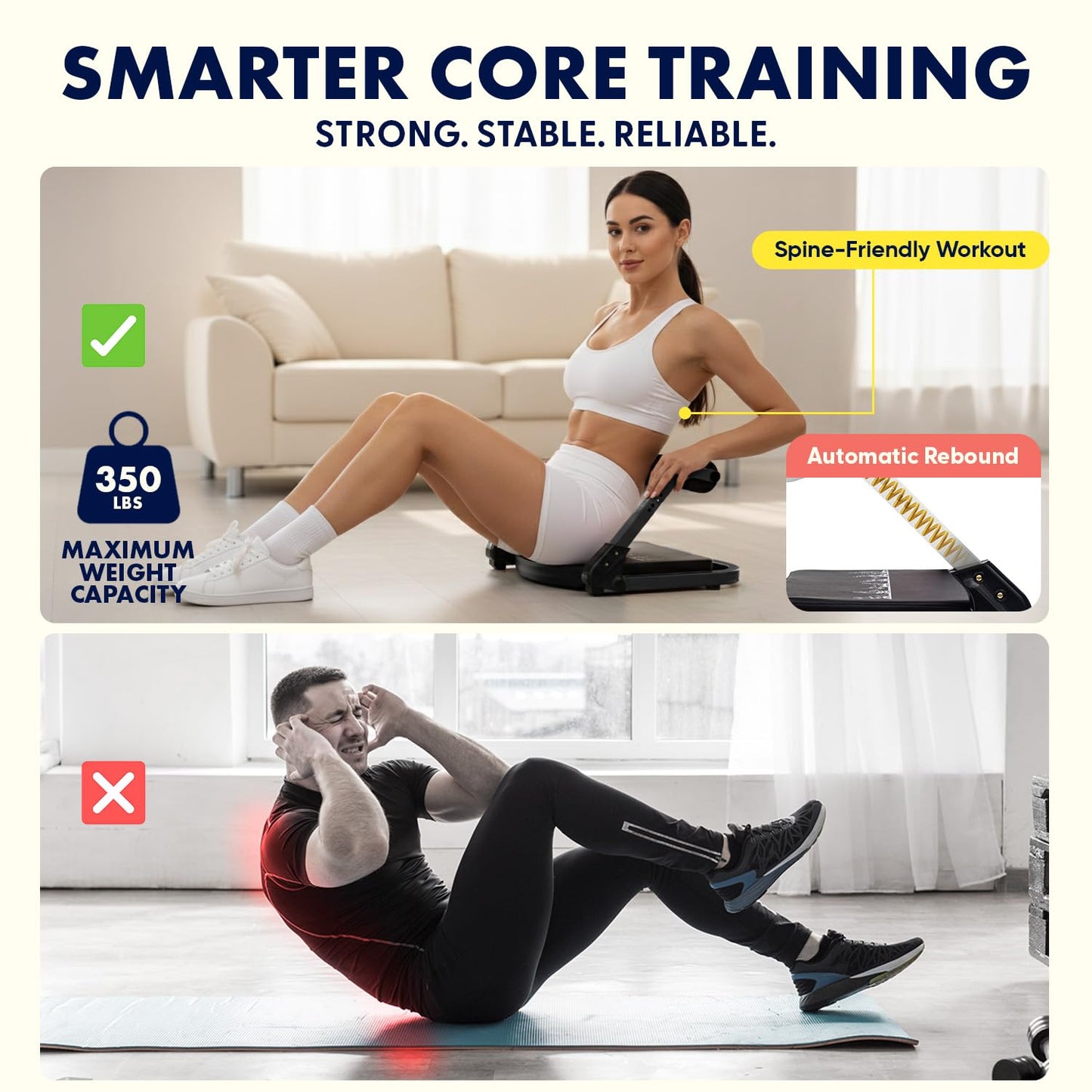 Squatz Ab Machine for Stomach Workout – Core & Sit-Up Exercise Equipment with 3 Resistance Levels for Home Gym, Adjustable Ab Trainer for Full-Body Workout with Automatic Rebound, 350 lbs Capacity