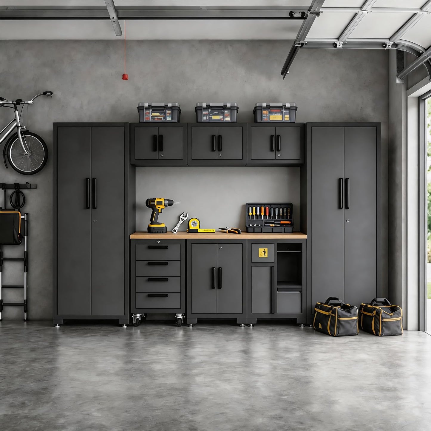 Torin Garage Cabinets Storage System, 9-Pcs Included Steel Cabinets Drawers Rolling Chest and Trash Can Cabinet, Locked Storage Cabinet, Perfect for Organizing Garage and Tools