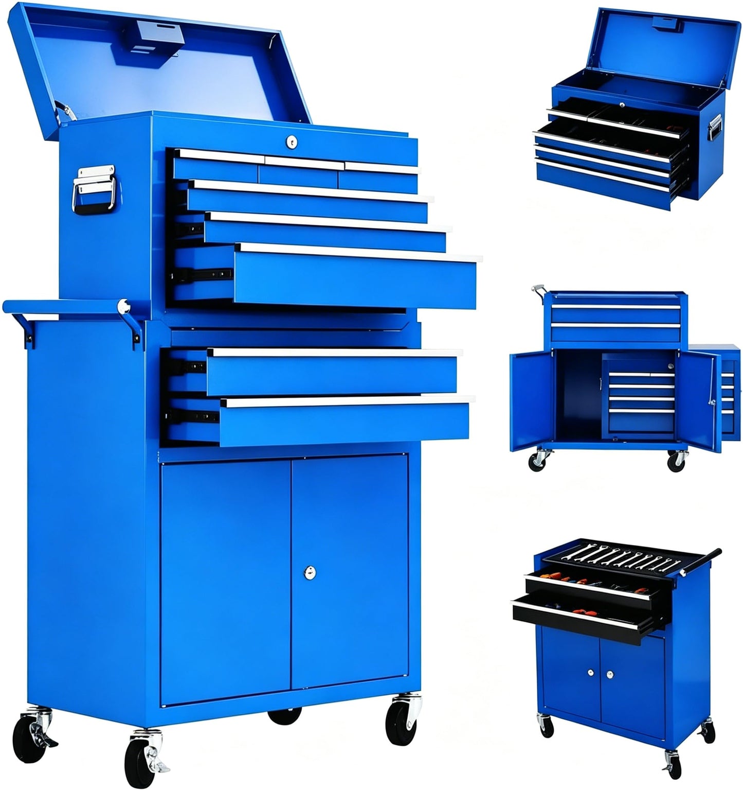 8-Drawer Rolling Tool Chest, 2-in-1 High Capacity Tool Storage with Detachable Top Cabinet, Locking System, Wheels and Liners for Garage, Workshop, Blue