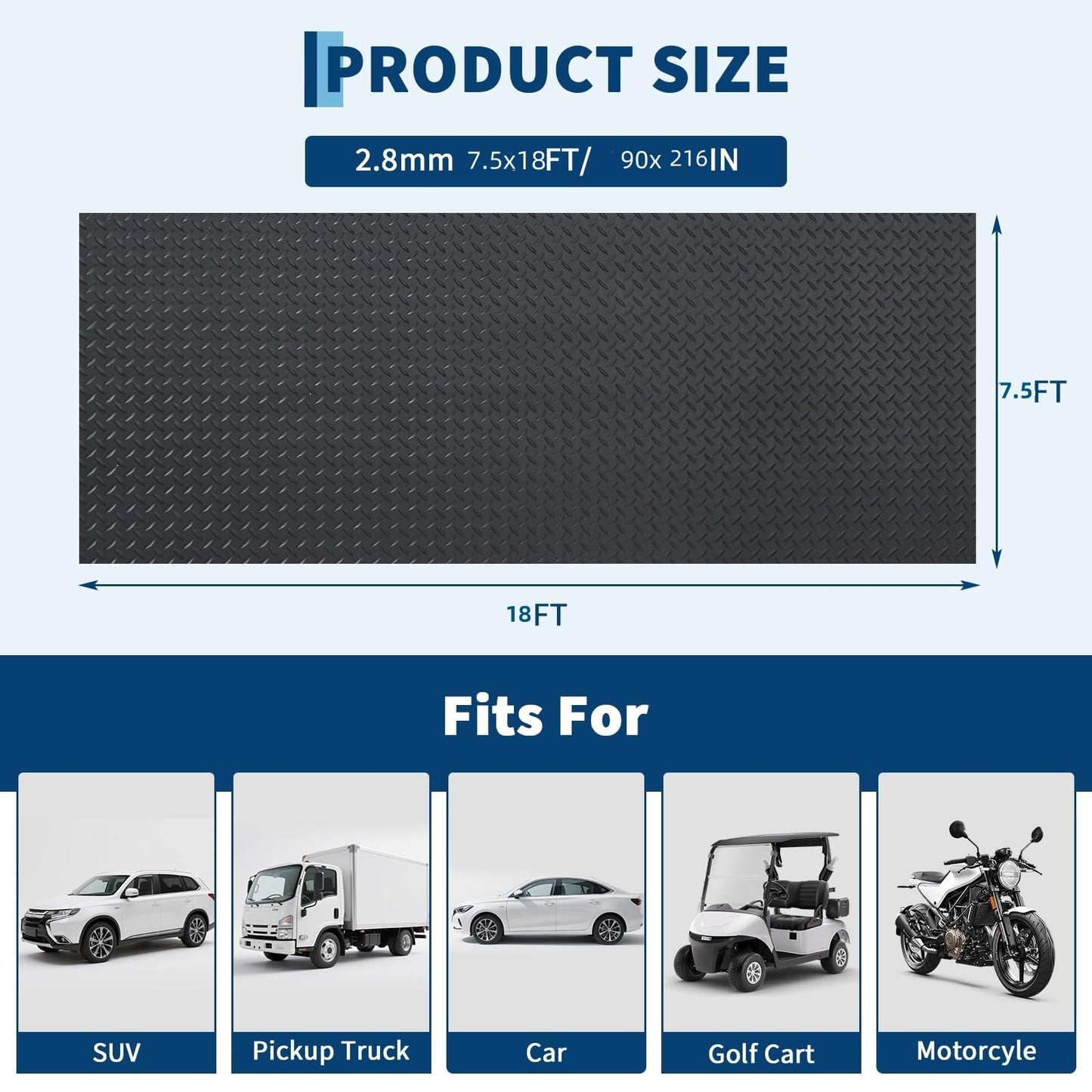 EliteEdge 7.5 x 18 FT Garage Floor Mat, 2.8mm Thickened Flooring Roll Diamond Plate PVC Rubber Trailer Mat, Non-Slip Floor Protector Mat for Garage, Warehouse, Gyms, Trailer, SUV