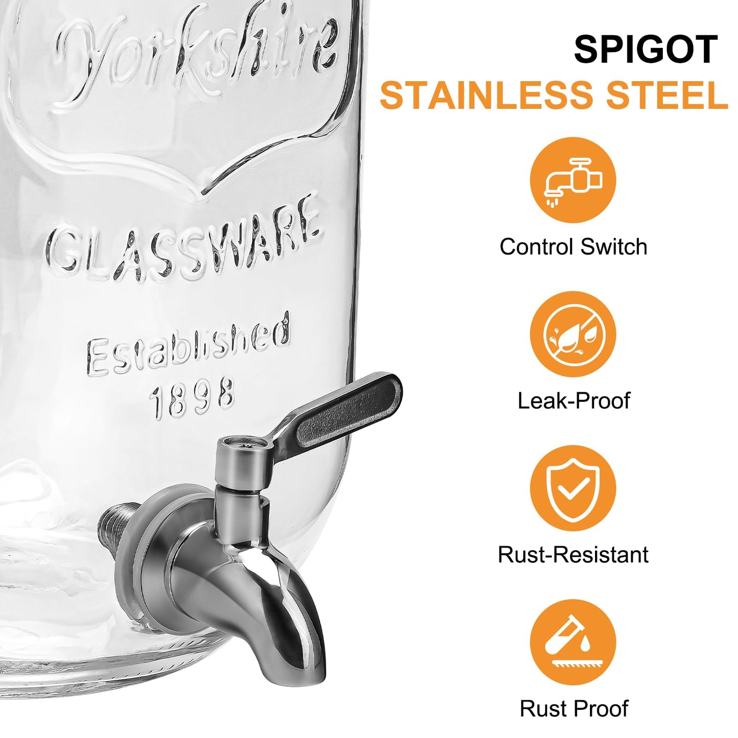 1 Gallon Glass Beverage Dispenser with Lid, Stainless Steel Spigot, Glass Drink Dispensers for Parties, Lemonade Dispenser With Ice Cylinder for Weddings, Party,Sun Tea Jar, Water Juice Dispensers