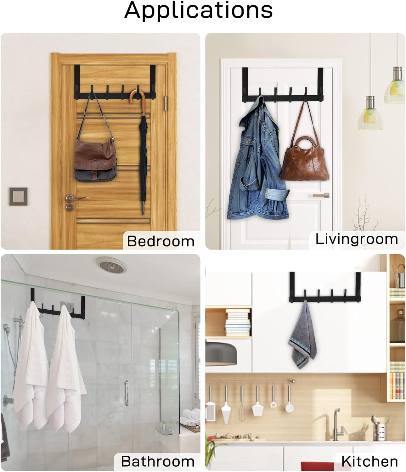 Optish Over The Door Hooks - 12 Coat Hook Towel Rack for Bathroom | Black, Space-Saving Design