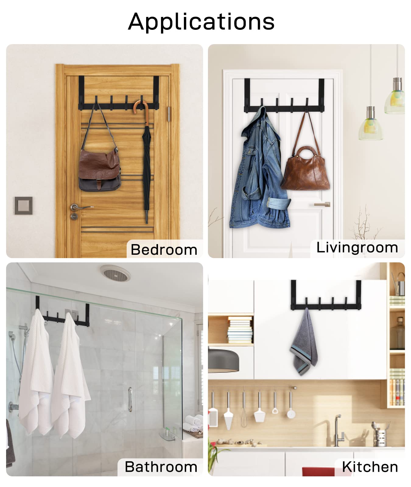 Optish Over The Door Hooks, Door Hanger Hooks for Hanging, Towel Racks for Bathroom with 12 Coat Hook, Coat Rack College Dorm Essentials Bathroom Accessories（1 Pack, Black）