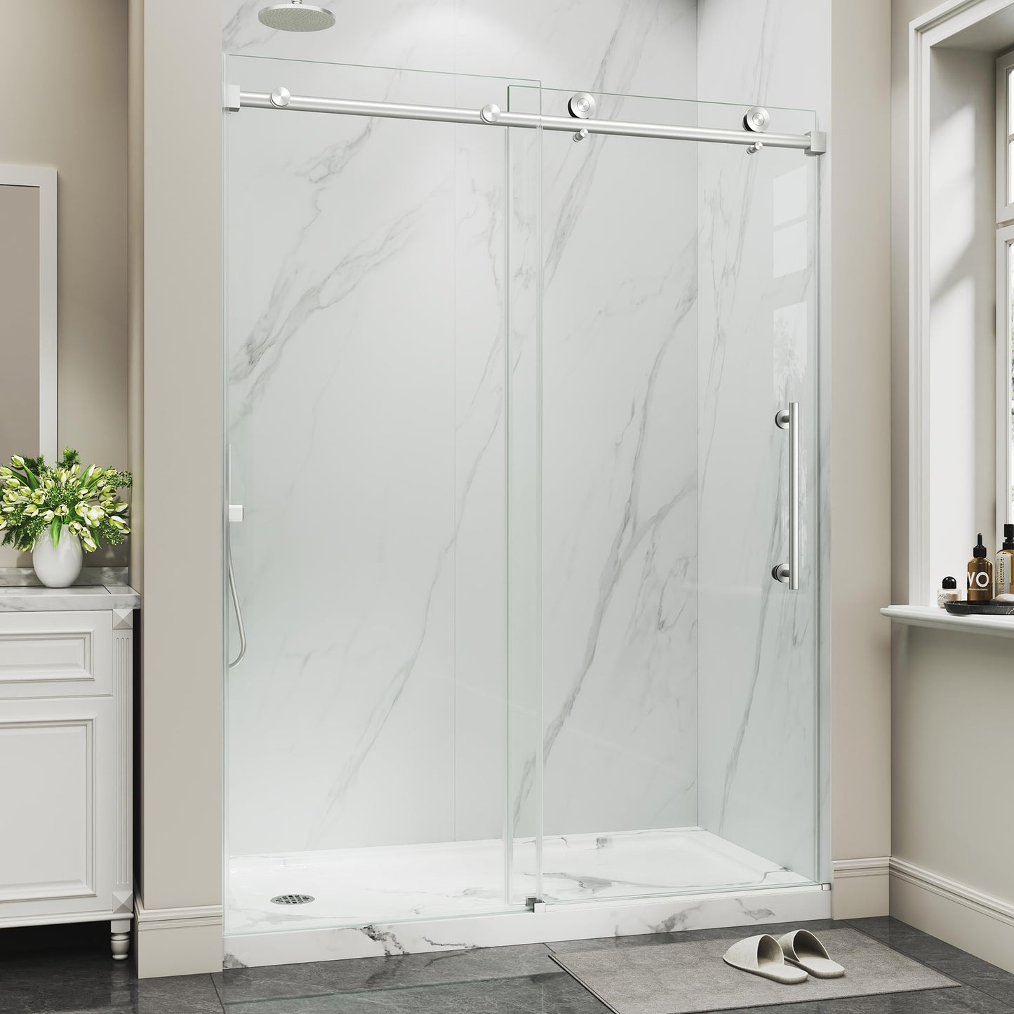Frameless Glass Shower Door,43-48" W x 72" H Single Sliding Frameless Shower Door,1/4"(6mm) SGCC Tempered Glass,Safety Explosion-Proof Film Nano Coating,Brushed Nickel