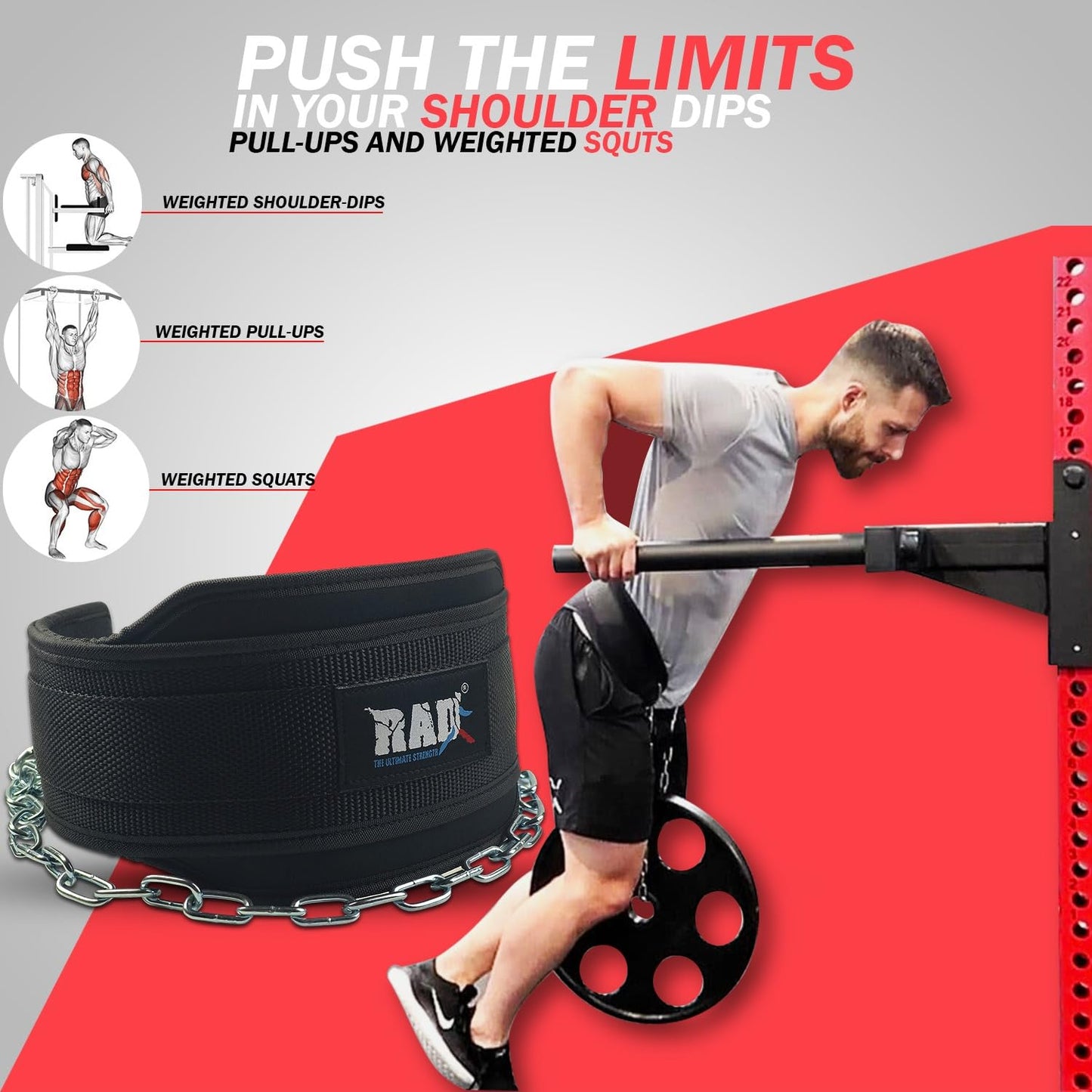 RAD Weighted Dip Belt for Men Comfortable Material Neoprene & Nylon Weight Pullups Squat Belt with Chain Weight Lifting Waist Dipping Belt for Workout