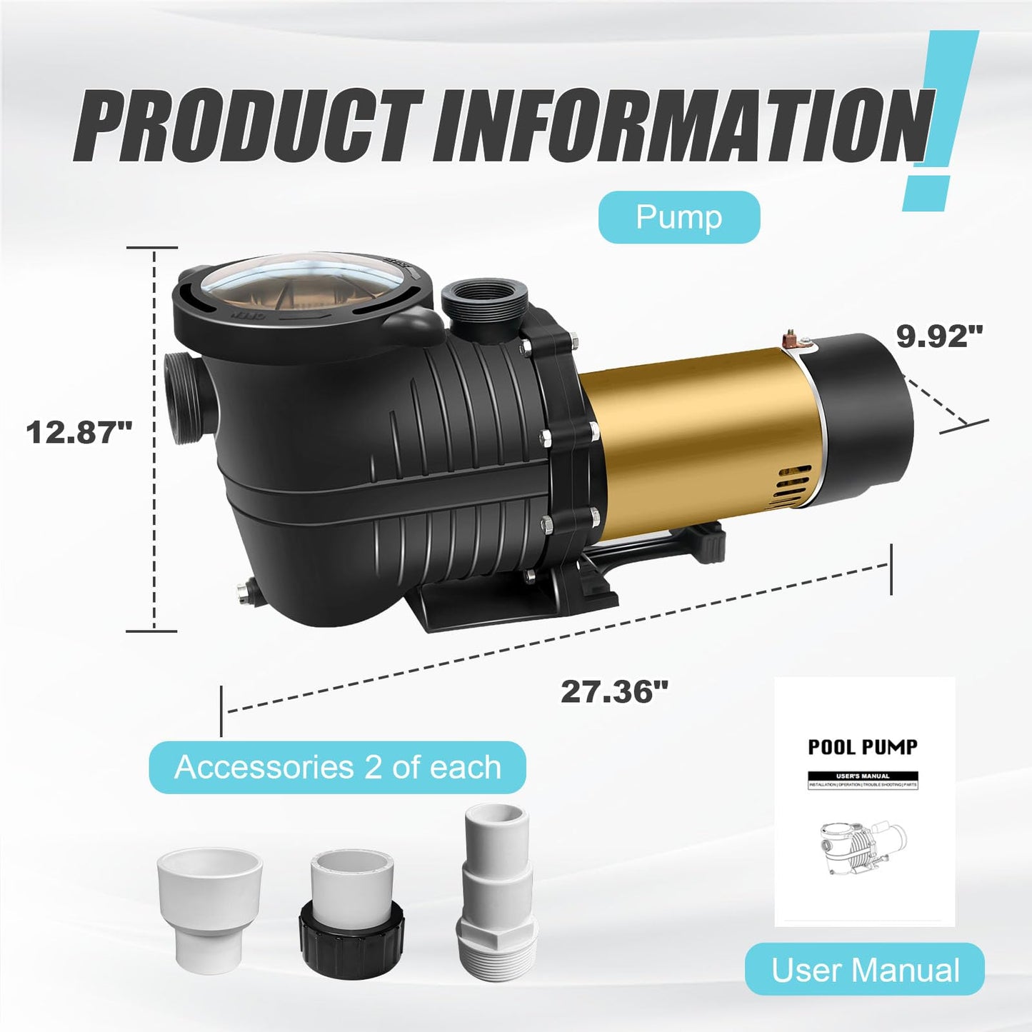 PureBy Can be Hardwired Pool Pump, 2.0HP Dual Voltage 115/230V In/Above Ground Pool Pump, 6840GPH Self-priming Swimming Pool Water Circulation Pumps with 1.25" & 1.5“ NPT Unions