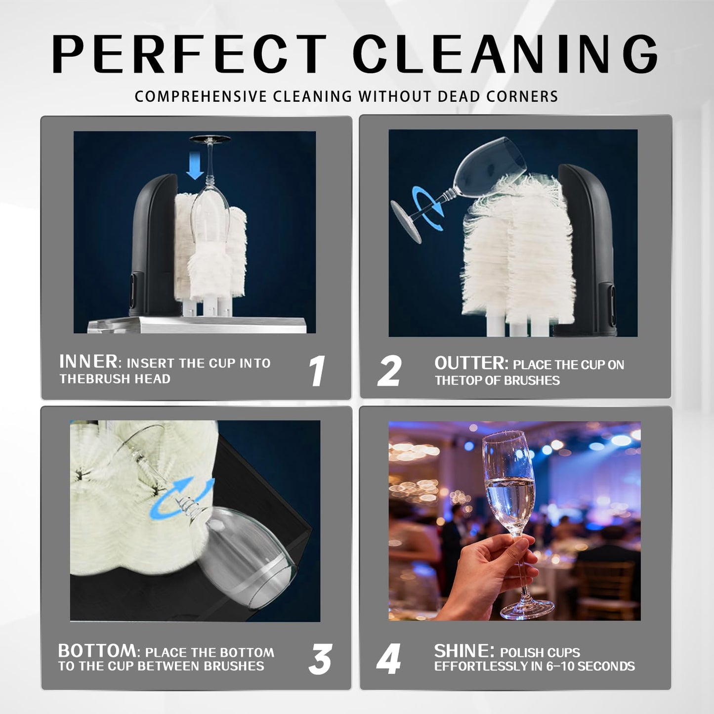 Takiesy Commercial Glass Polisher Machine with 6 Microfiber Brushes, 330 Cups/Hour, 136℉ Warm Air Drying & LFGB Certified Heads, Stainless Steel Build for Wine Beer Glasses in Bar Restaurant Hotel
