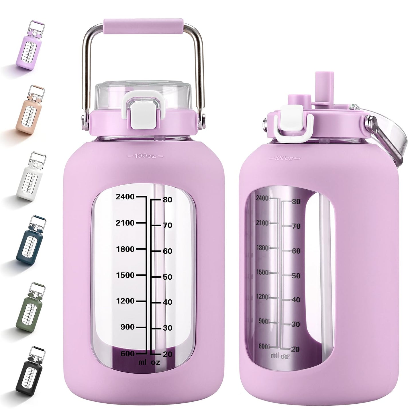 MUKOKO 100oz Glass Water Bottle with Time Marker and Silicone Sleeve 3L Large Water Jug with Stainless Steel Handle Gallon Drinking Bottle with 2-in-1 Lid Wide Mouth BPA Free, Purple