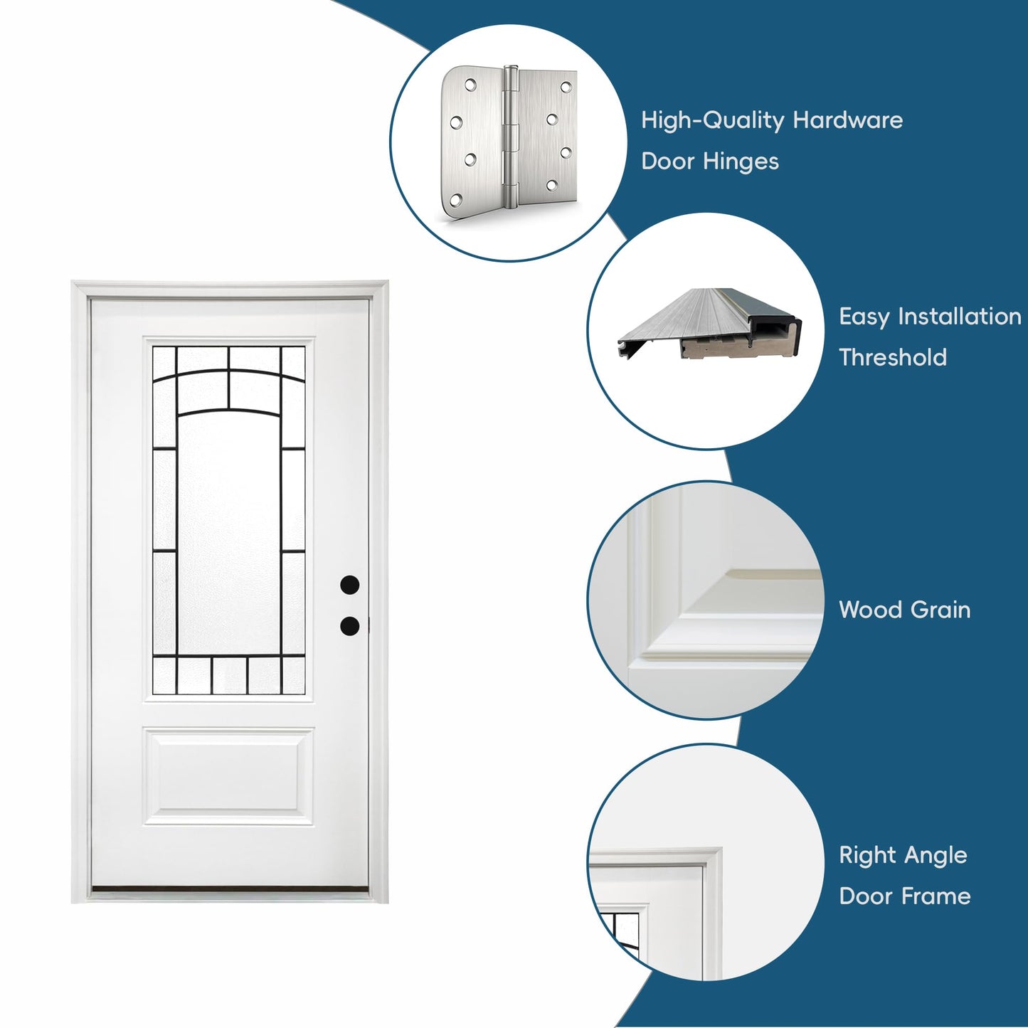 Casaphoria 36" x 80" Fiberglass Entry Door with White 4-9/16" Vinyl Frame,Left Hand Inswing Exterior Door with Brickmould, 3/4 View Wrought lron Glass Knock-Down Front Door for Home Entrance, White