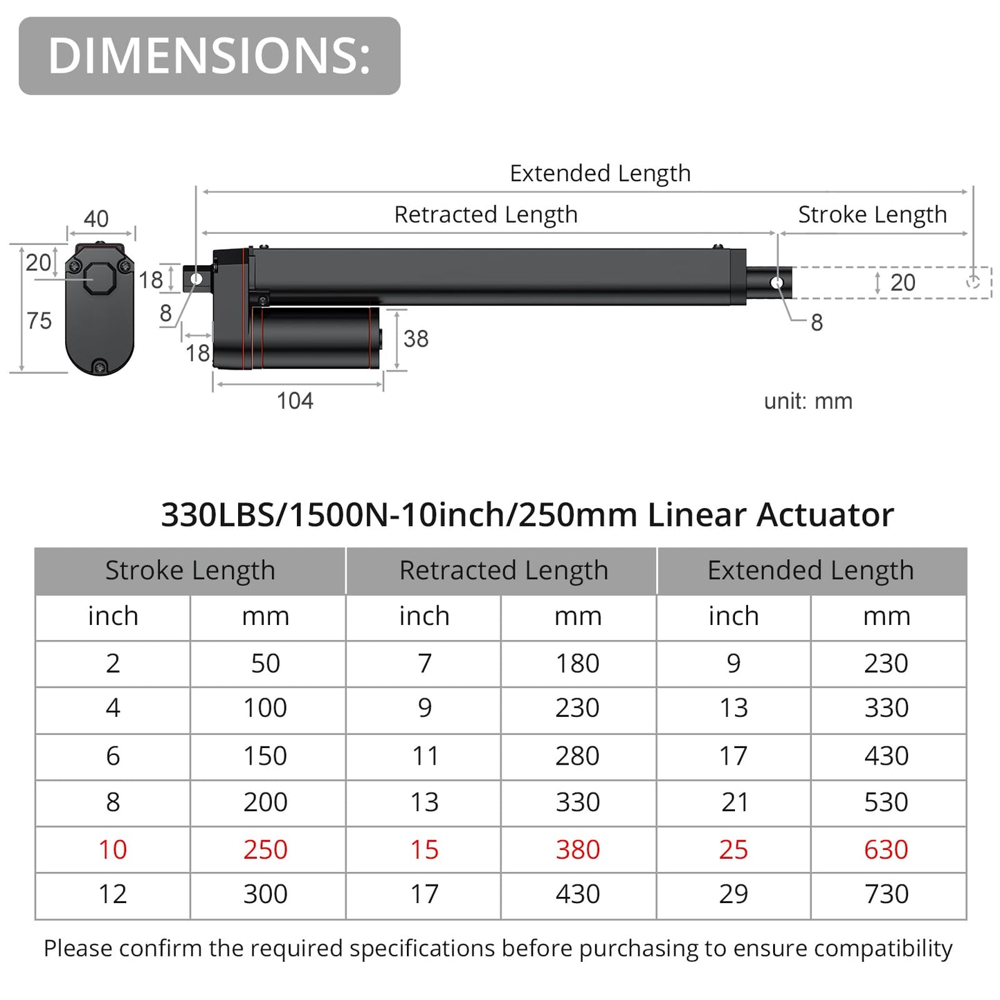 Justech 12V Heavy Duty Linear Actuator 10 inch/250mm 330lbs/1500N Silent IP65 Waterproof Electric Actuator with Brackets for Electric Windows, RV Adjustments, Solar Trackers, Industrial Machinery
