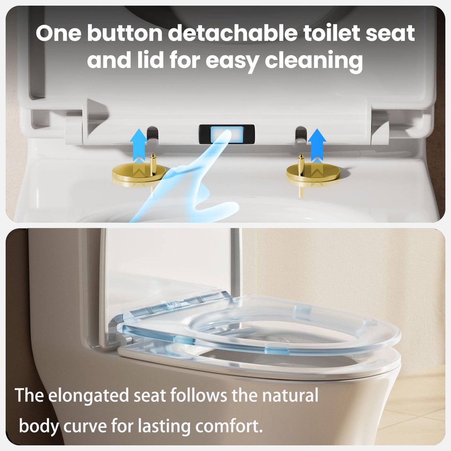 BayRoll One Piece Sleek Modern Toilet, 17" ADA Comfort Chair Height Seat, Dual Flush 0.9/1.28 GPF, MAP 1000g, 12" Rough-In, Compact Fully Skirted Round Toilet for Bathrooms, Gold Button