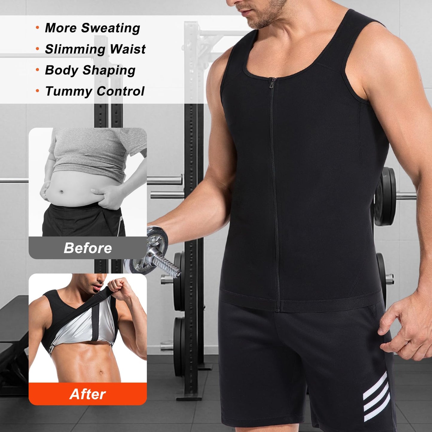 Meiosuns Sauna Sweat Vest for Men Weight Loss Sweat Waist Trainer Vest Compression Sleeveless Sauna Suit Men's Heat Trapping Tank Top Workout Enhancing Shirt Gym Shaper with Zipper (Silver, S/M)