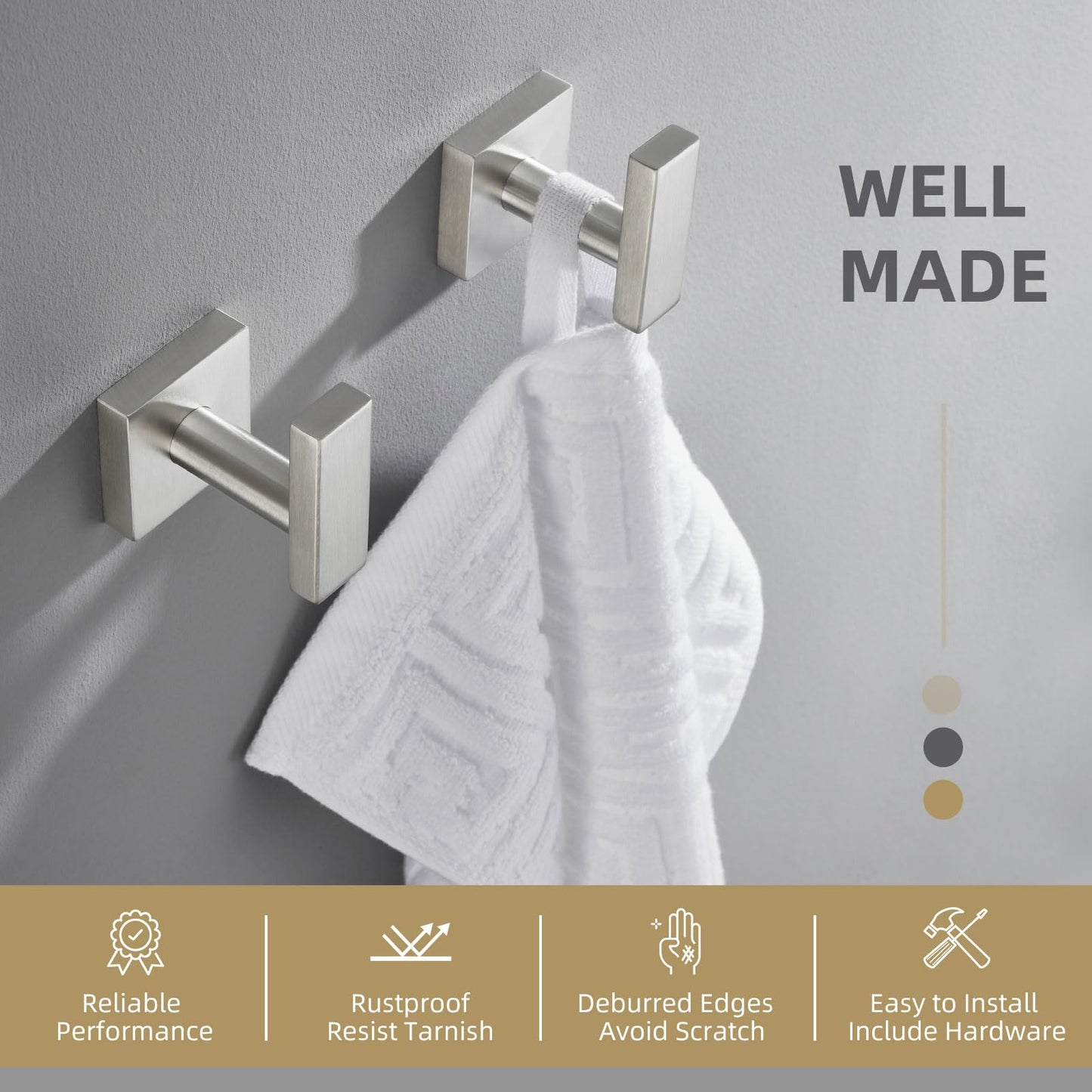 Angle Simple Towel Hooks for Bathroom, SUS304 Stainless Steel Robe Coat Hook Wall Mount, Brushed Nickel, 4 Pack
