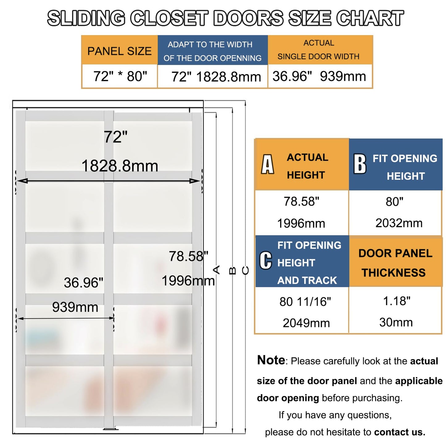 SOLRIG Sliding Closet Door, 72"(Double 36.96") x 80" Bypass Closet Doors, 5-Lite Frosted Glass Sliding Door with Hardware Track Kit & Floor Guide, Pre-Drilled Door Panel Assembly Required, MDF, White
