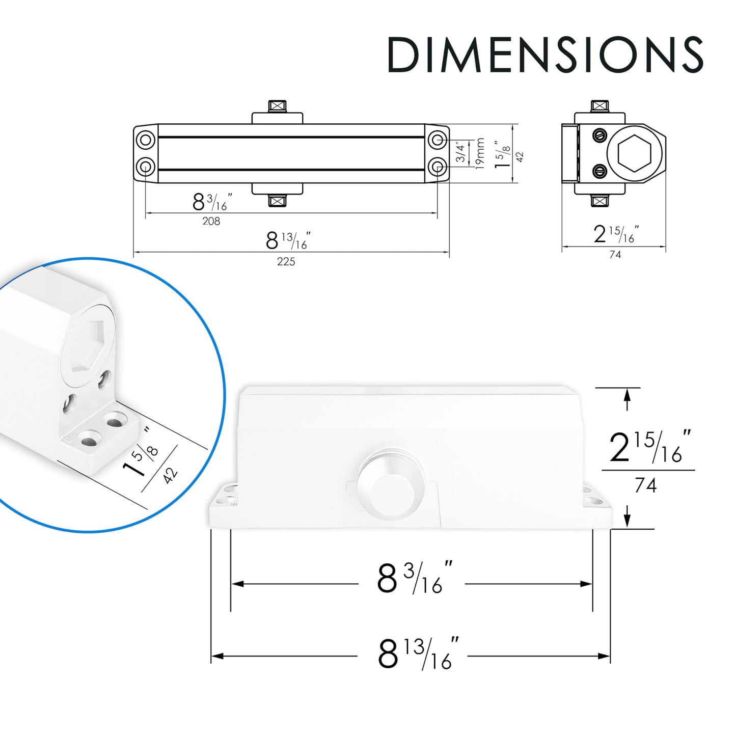 JELOSTONE Medium Duty Commercial Door Closer D700, UL 3 Hour Fire Rated, Fixed Size #3 Spring Power and 3 Valves Closing/Latching/Backcheck, Door (55-150LB/33-36 in), Indoor/Outdoor (White Coated)