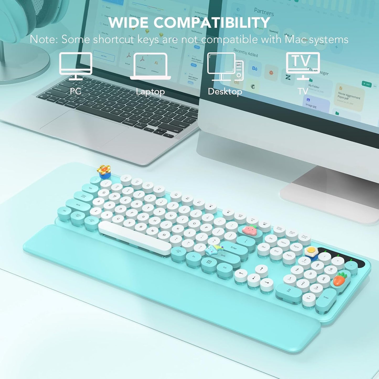 SABLUTE 2.4GHz Wireless Keyboard, Round Keycaps, Retro Typewriter Keyboard with Detachable Wrist Rest, Sleep Mode
