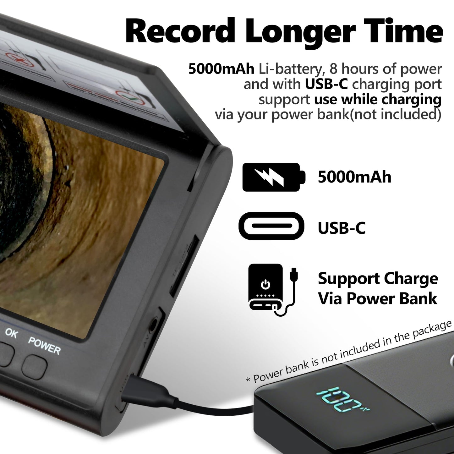 𝟐𝟎𝟐𝟔 𝐧𝐞𝐰 HD1080P Sewer Camera with DVR 32GB, 4.3" Drain Camera (Easy to Use), Pipe Inspection Camera, 5000mAh, USB-C, Endoscope Camera with 4-Level LED Lights, Cable Marking, 100ft/30M