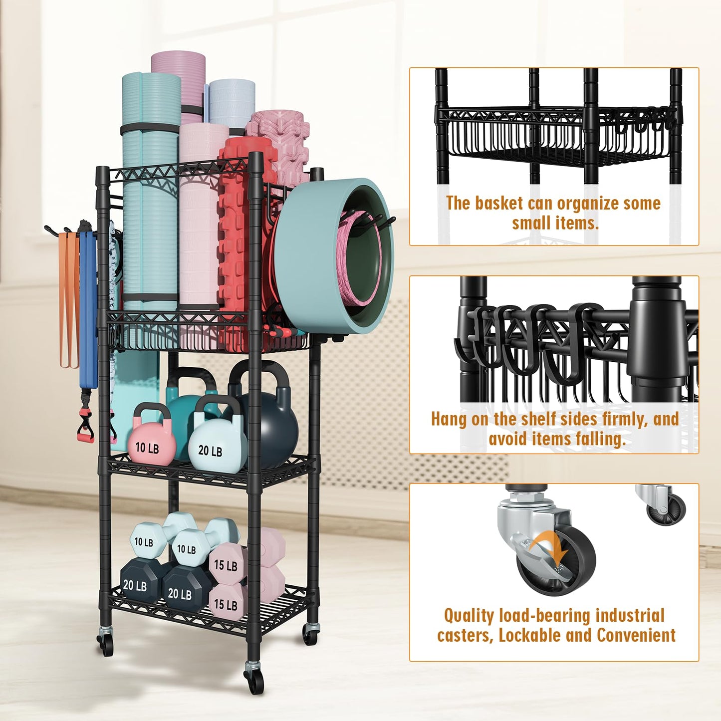 FUTASSI S1 Home Gym Storage, 3-Tier Workout Equipment Organizer with Wheels for Yoga Mats, Foam Roller, Dumbbells, Kettlebells, and Resistance Bands, 47.2" H x 27.1" L x 11.8" D, Black