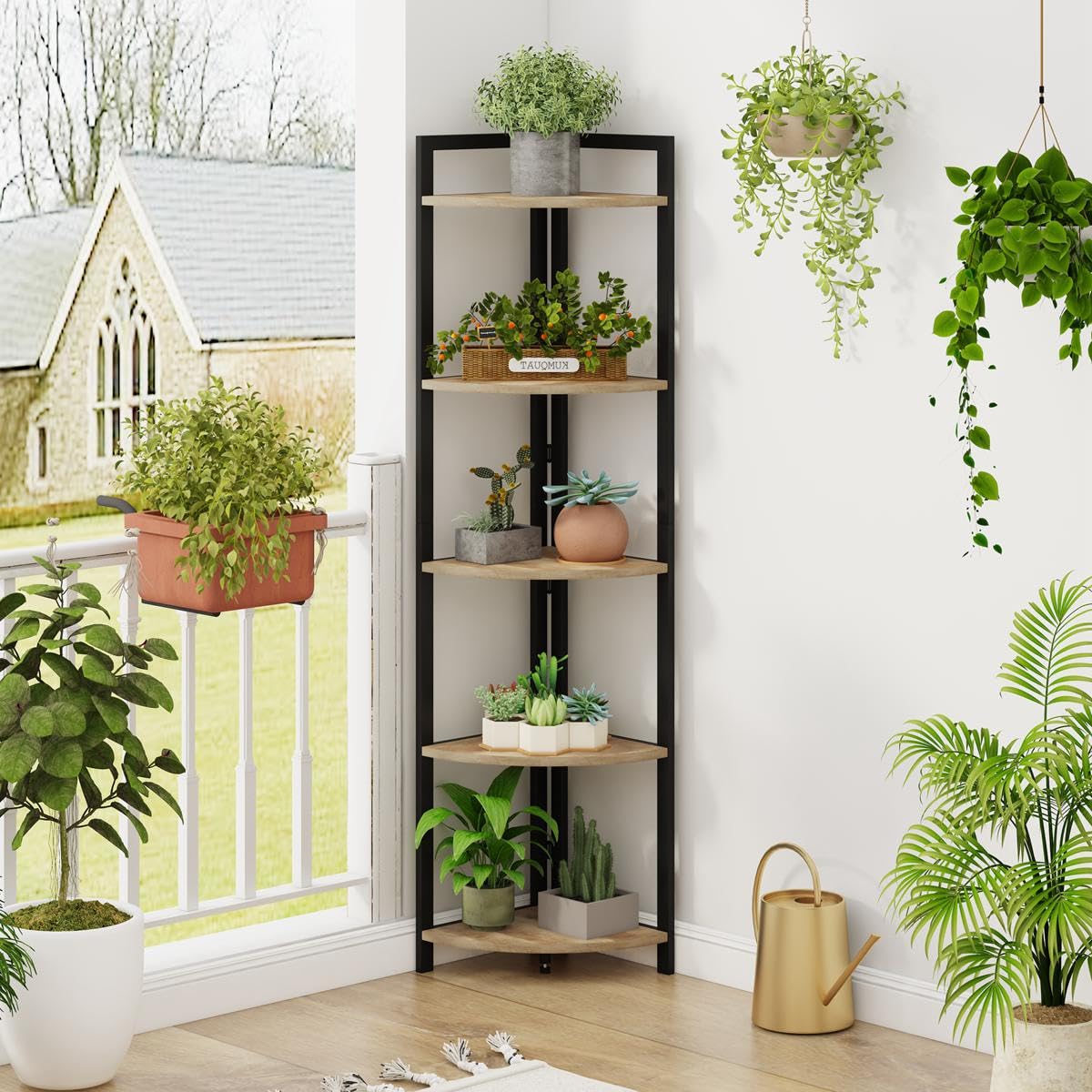 FATORRI Tall Corner Shelf, Industrial Corner Bookshelf, Wood and Metal Corner Shelf Stand for Living Room, Rustic Display Plant Stand for Home Office (Rustic Oak)