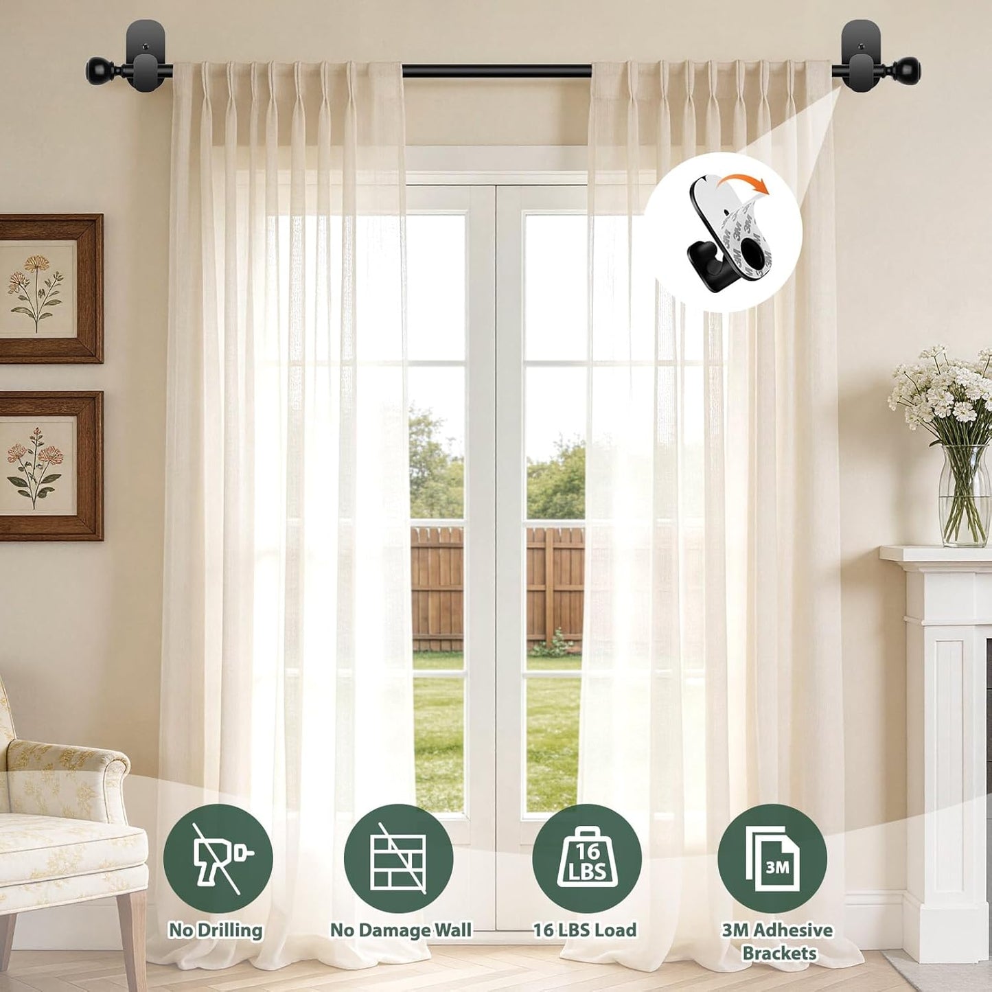 USFOOK No Drill Curtain Rods - 48 to 84 Inches | 5/8 Inch Adhesive Drapery Rod with Round Finials