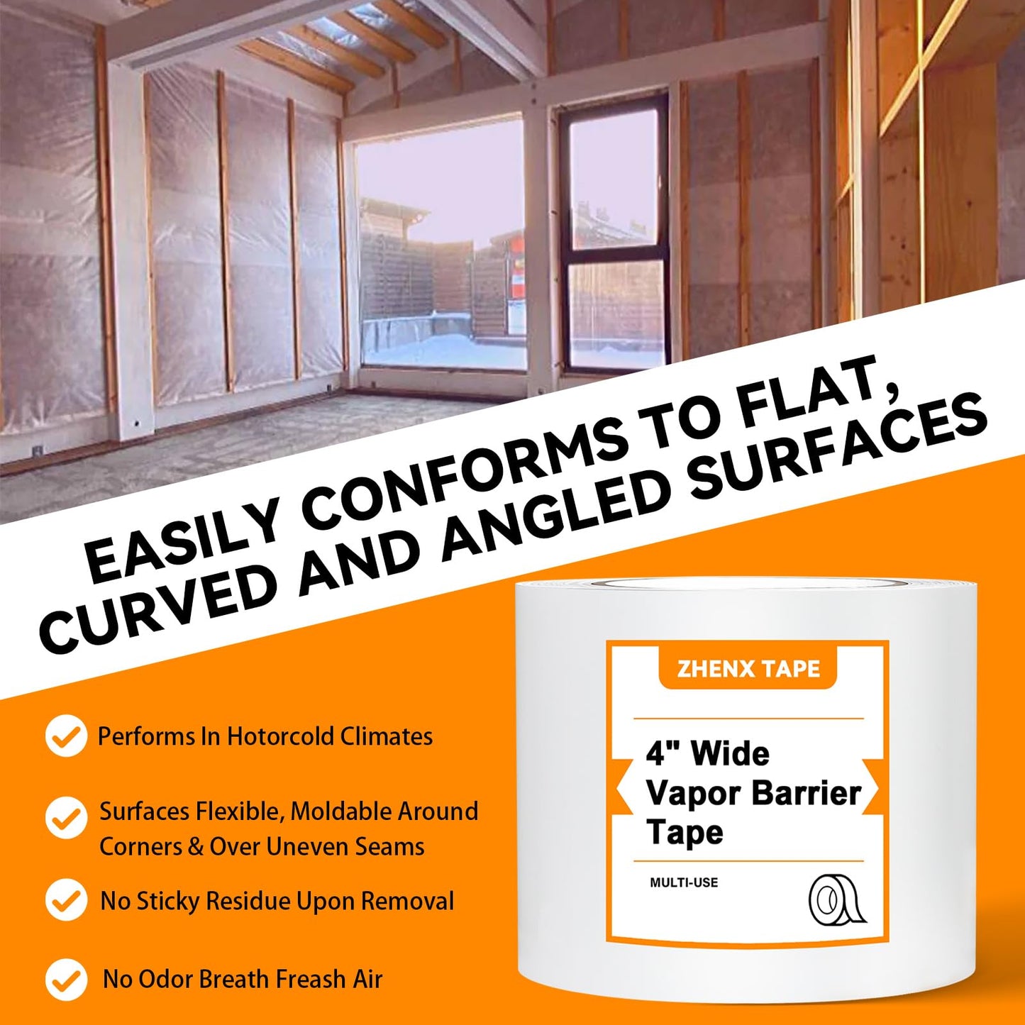 Zhenx 8 Pack, Vapor Barrier Tape, Vapor Barrier Seam Tape, Insulation Tape 4" Wide x 180' Long, PE Seal Tape 9 mm, for Crawlspaces Barriers Seal and Seam Insulation Repairs & Plastic Liners