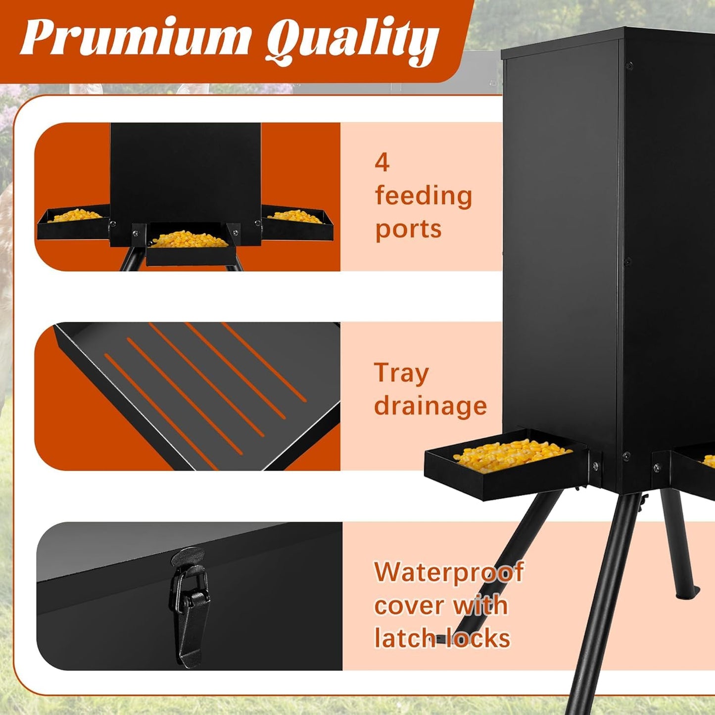 PROLEE 85lbs Deer Feeder, Weatherproof Deer Feeders with 4 Feeding Tray and 4-Leg Stand, Heavy Duty Metal Gravity Feeder for Deers and Wildlife (Black)