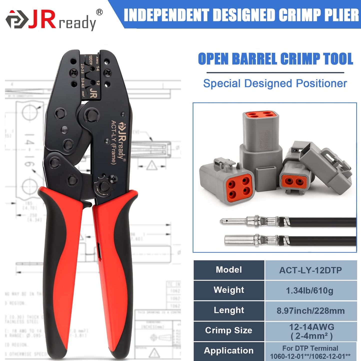JRready ST6337 Deutsch DTP Connector Kit with Crimper, 2 4 Pin Waterproof Connectors 10 Sets with Ratcheting Terminal Crimping Tool, Size 12 Stamped Contacts 14-12 AWG, Deutsch Pin Removal Tool