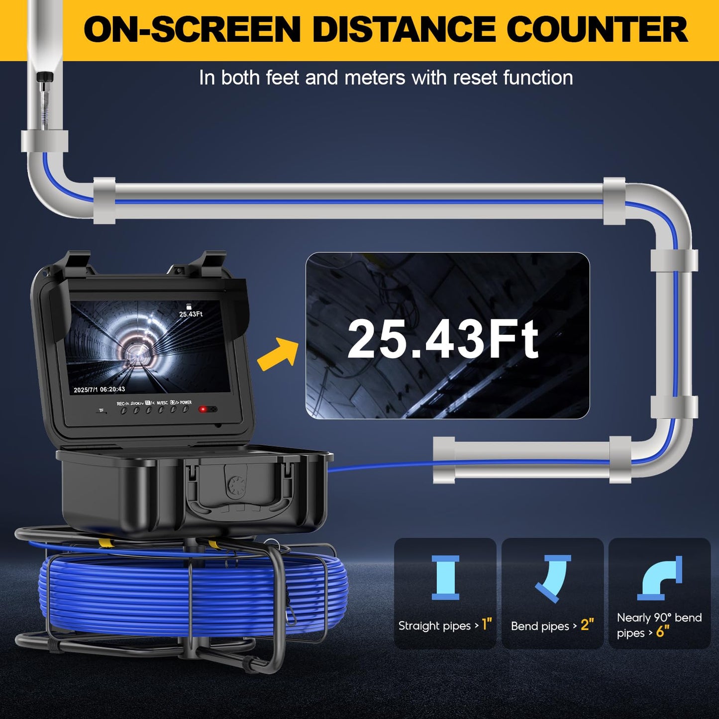 Anysun Self-Leveling Sewer Camera with Distance Counter, 0.28in/7mm Diameter 165ft Cable, 9'' 1080P IPS Screen, Pipe Inspection Camera with DVR Recording-32GB