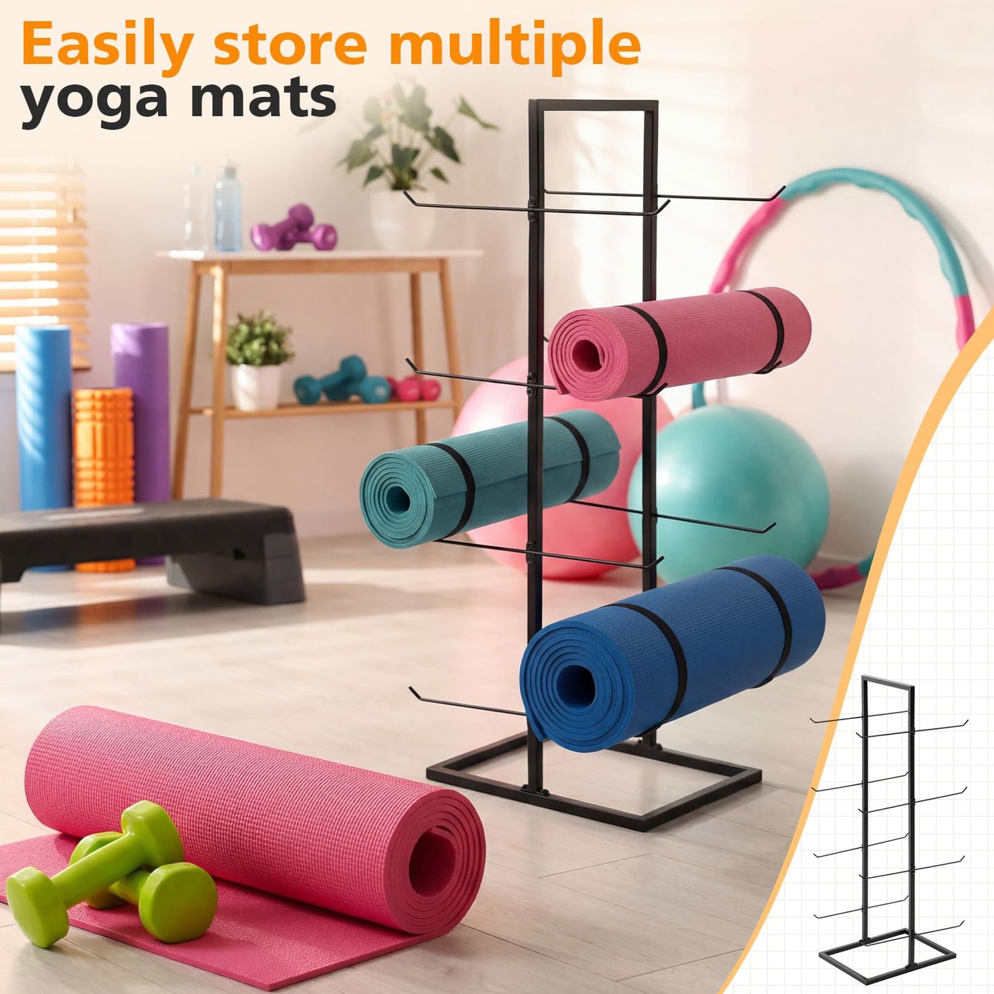 Cinnvoice 4-Tier Freestanding Yoga Mat Holder, Double-Sided Metal Storage Rack for Yoga Mats, Foam Rollers, Heavy Duty Home Gym Organizer Stand with Non-Slip Feet, Matte Black