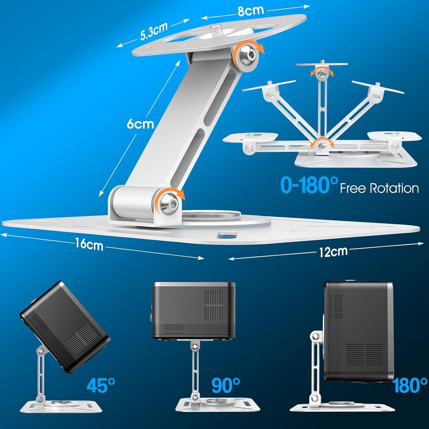 3-in-1 1/4-Inch 360-degree Projector Stand with Cable Ties Desk, Wall and Ceiling Mount with Thread, Foldable, Height