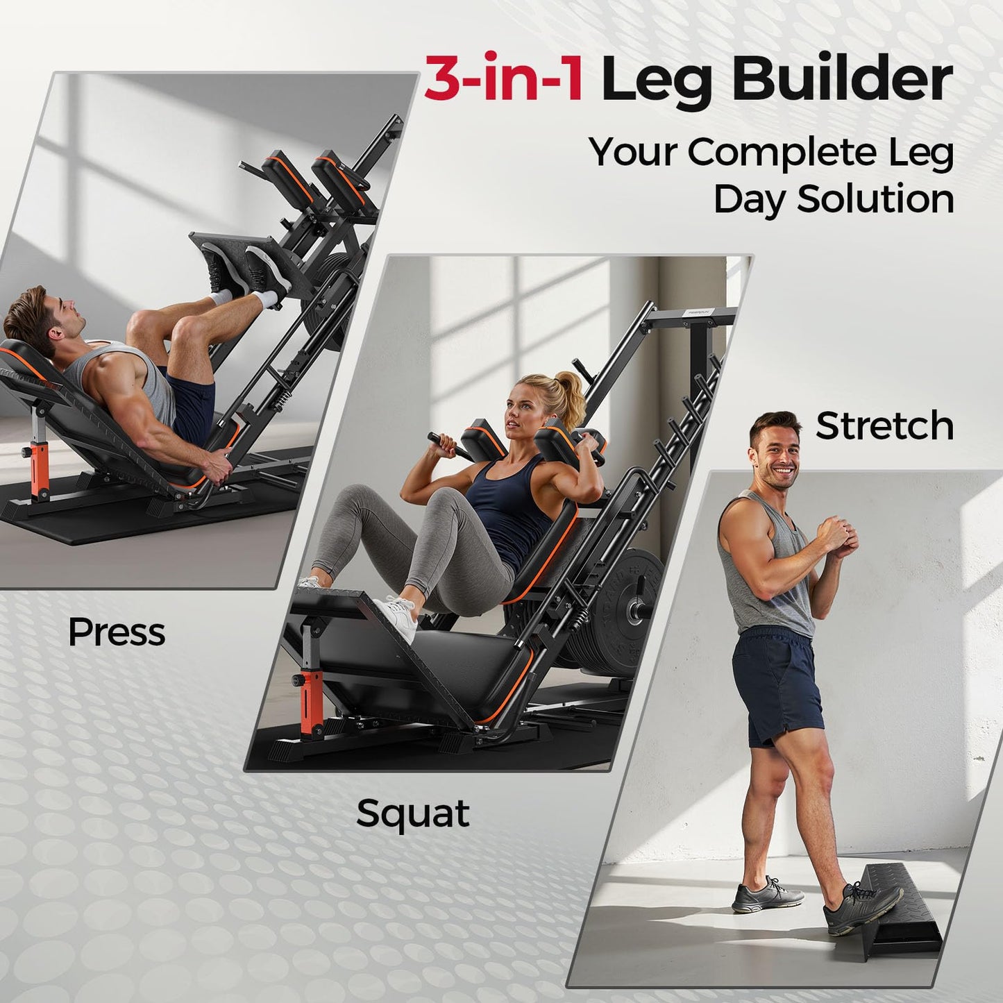 FEIERDUN 3‑in‑1 Leg Press Hack Squat Machine with Stretch Board – Adjustable Leg Press Machine for Home Gym with Full Range of Motion & Ultra-Quiet Pulley System