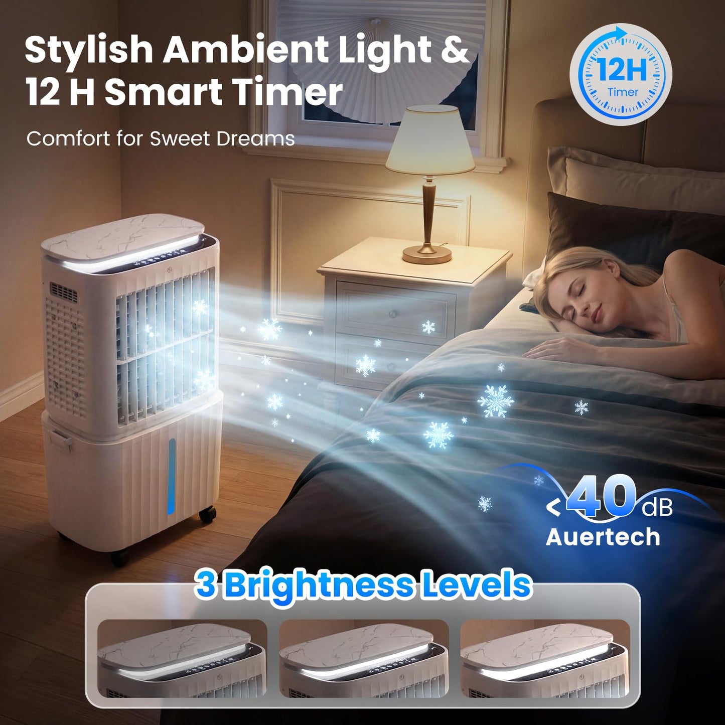 Auertech 6.8 Gal Swamp Cooler, 2500CFM Evaporative Air Cooler with Light & Detachable Tank, Portable Cooling Fan, 4-IN-1 AC Unit, Windowless Air Conditioners for Bedroom Apartment Garage
