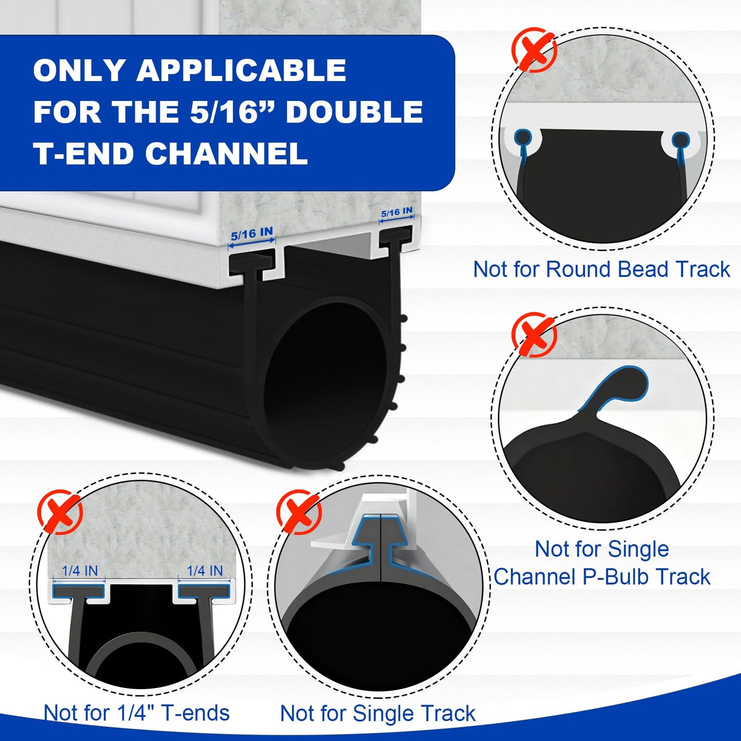 DGSL Garage Door Seals Bottom Rubber Weather Stripping Kit Seal Strip Replacement, Weatherproof Threshold Buffering Sealing Rubber 5/16 Inch T Ends (10 FT, Black, U+O & Aluminum Tracks)