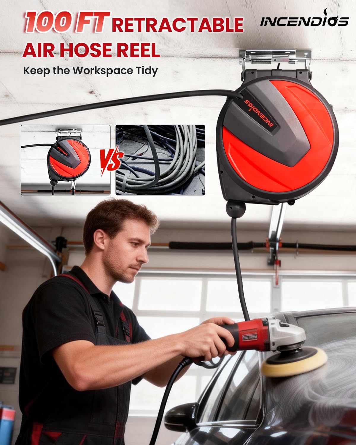 Retractable Air Hose Reel - 3/8" x 100 FT Hybrid Polymer Air Compressor Hose Reel, Max 300 PSI Heavy Duty with 6.56 FT Lead-in, 180° Swivel Mount for Garage, Workshop and Automotive Shop