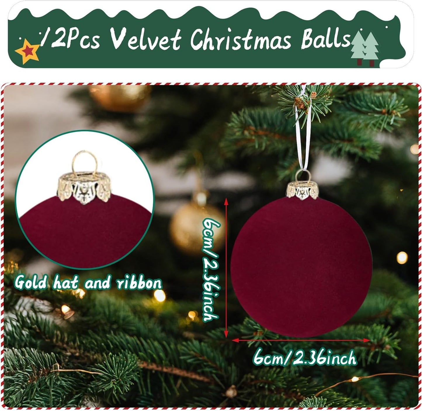 Skiennix 12PCS Velvet Christmas Tree Ornaments - 2.4-Inch Shatterproof Burgundy Balls for Holiday Decor