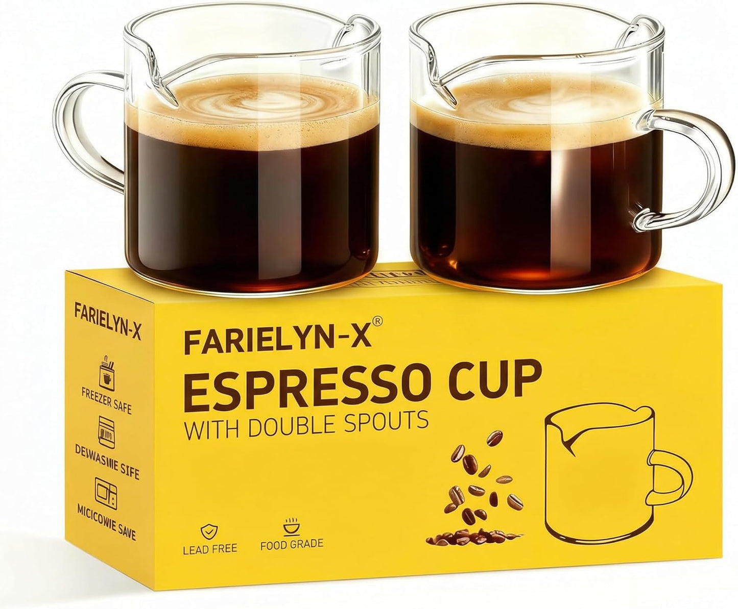 Skiennix Espresso Cups Set of 2 - Double Spout Clear Glass Shot Glasses with Handle | Perfect for Coffee & Desserts