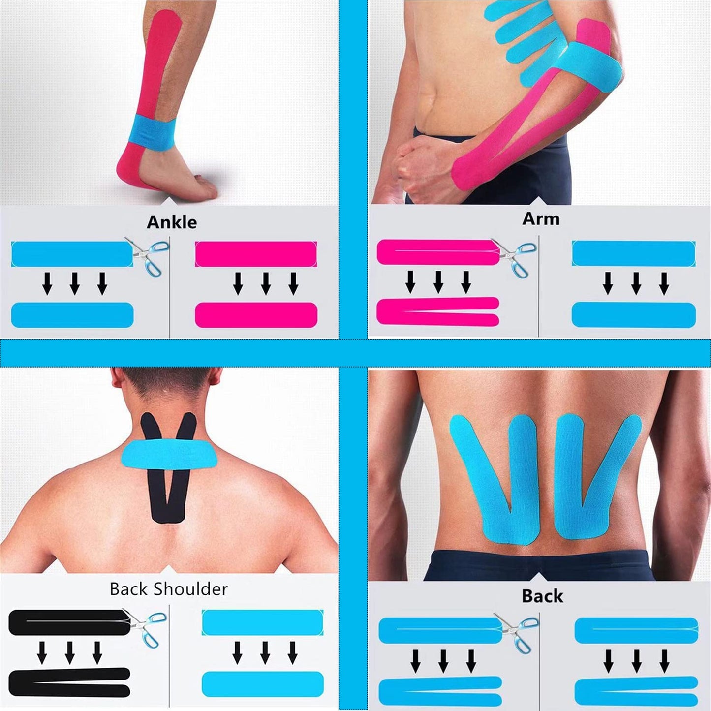 Kinesiology Tape Pro Precut 20 Strips Athletic Sports Waterproof Breathable Latex Free Tape for Ankle Wrists Knee Elastic Running Tennis Swimming Football Sports Activities Tapes (Black)