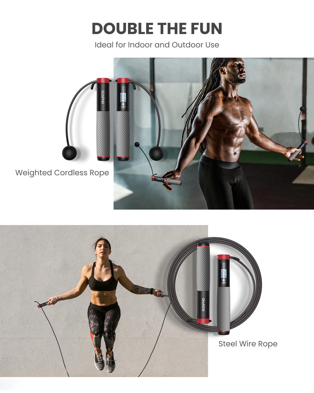 RENPHO Smart Skipping Rope with Counter, Adjustable Jump Ropes for Fitness, Skip Rope with APP Data Analysis, Workout Equipment for Women Men Adult Kids, Burn Calories, Gym, MMA, Grey