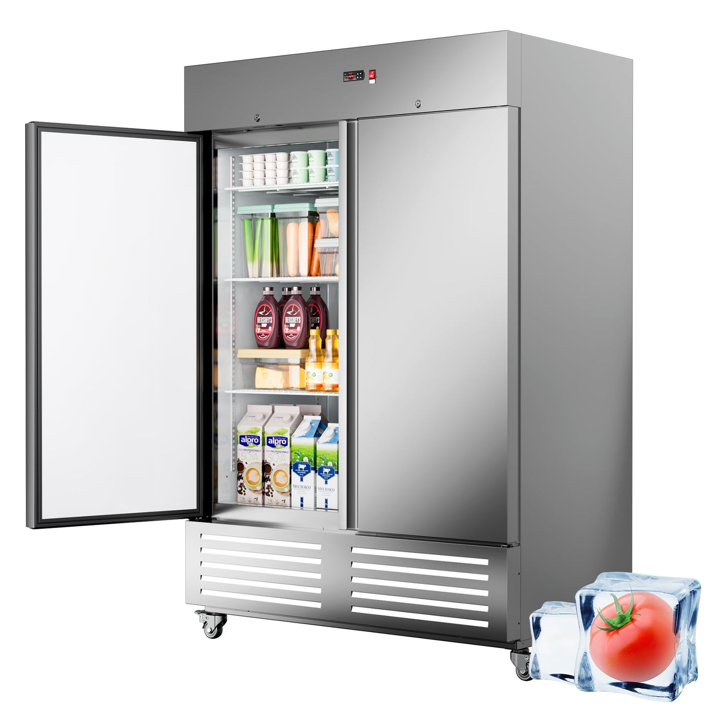 Ferueo Commercial Refrigerator 54" W 2 Door Stainless Steel Reach-in Solid Door Upright Fridge Fan Cooling 49 Cu.ft Refrigerators 32-47°F for Restaurant, Bar, Shop