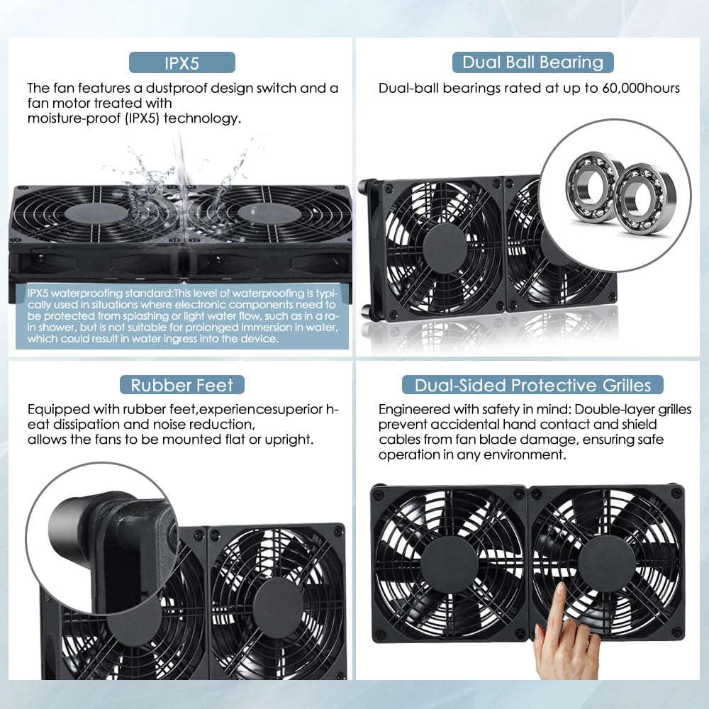 xiaoqijia Dual140mm 10-Speed IPX5 5V 12V Adjustable Cooling Case Fan for Receiver DVR Xbox TV Box Router USB/DC Power