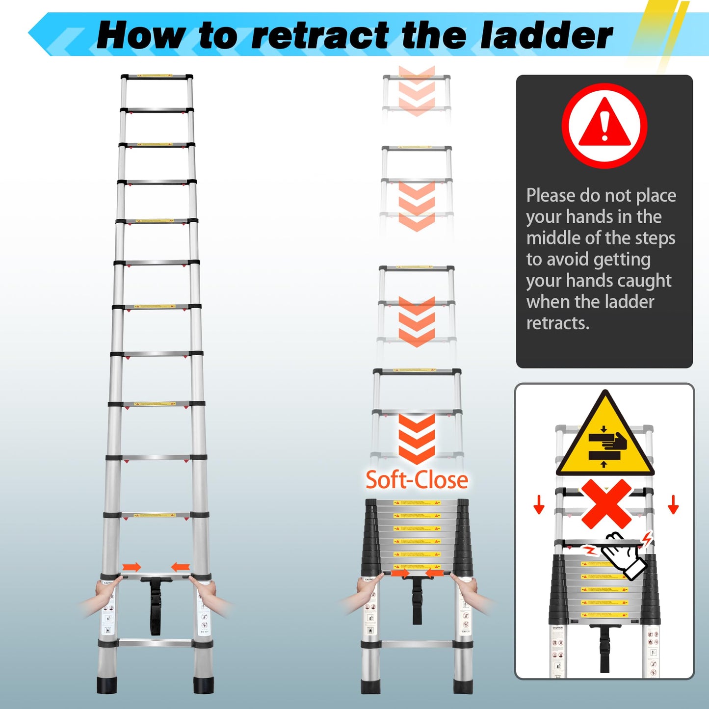 12.47FT Telescoping Ladder, Aluminum Lightweight Multi-Purpose Collapsible Extension, One-Touch Retraction Ladder,330lbs Load Capacity & Non-Slip Feet, for Home (Sliver, 12.47 FT (One-Button))