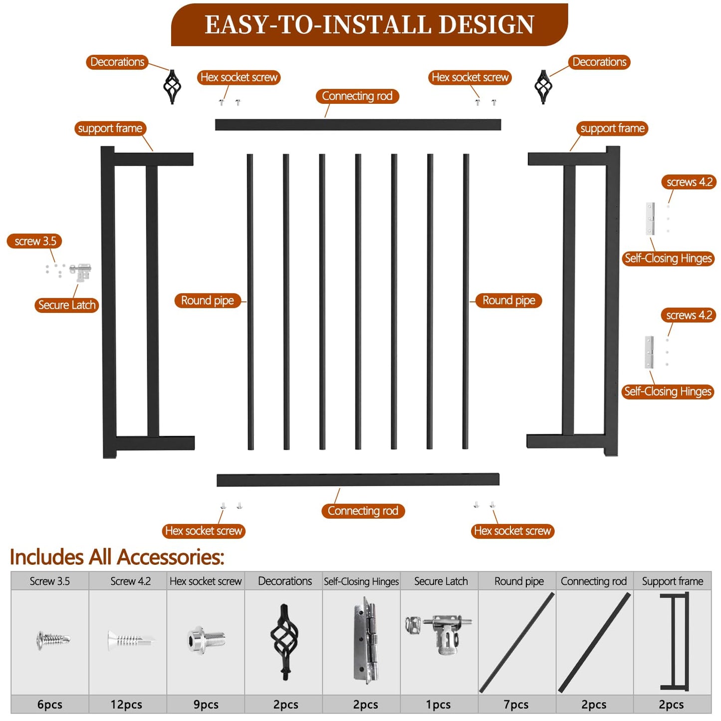 Upgraded Expandable 3 to 4 FT.W x 37in.H，Heavy-Duty Deck Gates Outdoor with Latch, No Cutting Required，Outdoor Dog Gate， Fence Gate, Suitable for Decks, Patios, Gardens, Yards, (Auto-Closing Hinge)