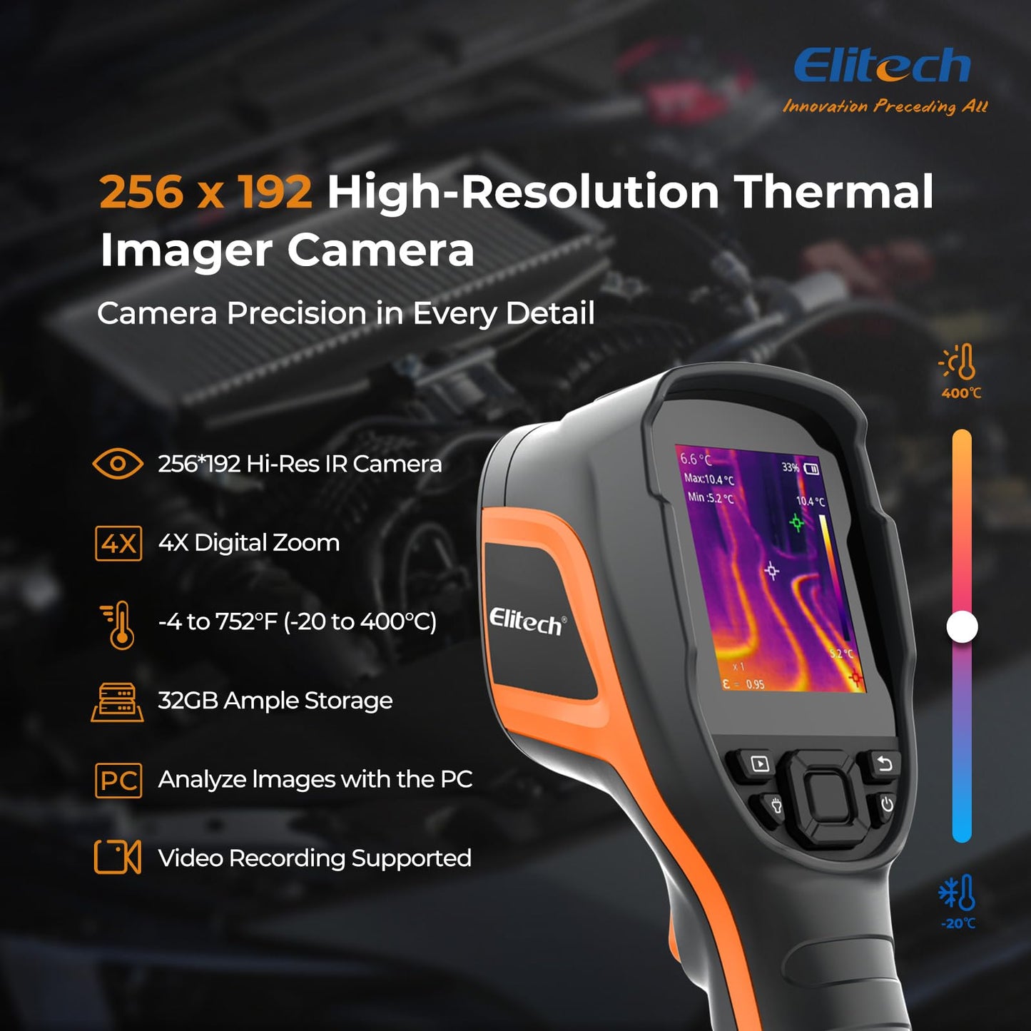 Elitech Thermal Imaging Camera 256 x 192 IR Resolution, Handheld Infrared Imager for Home Inspection & HVAC, Real-Time Video Recording, <40mK Sensitivity, 25Hz Thermal Leak Detector (-4°F to 752°F)