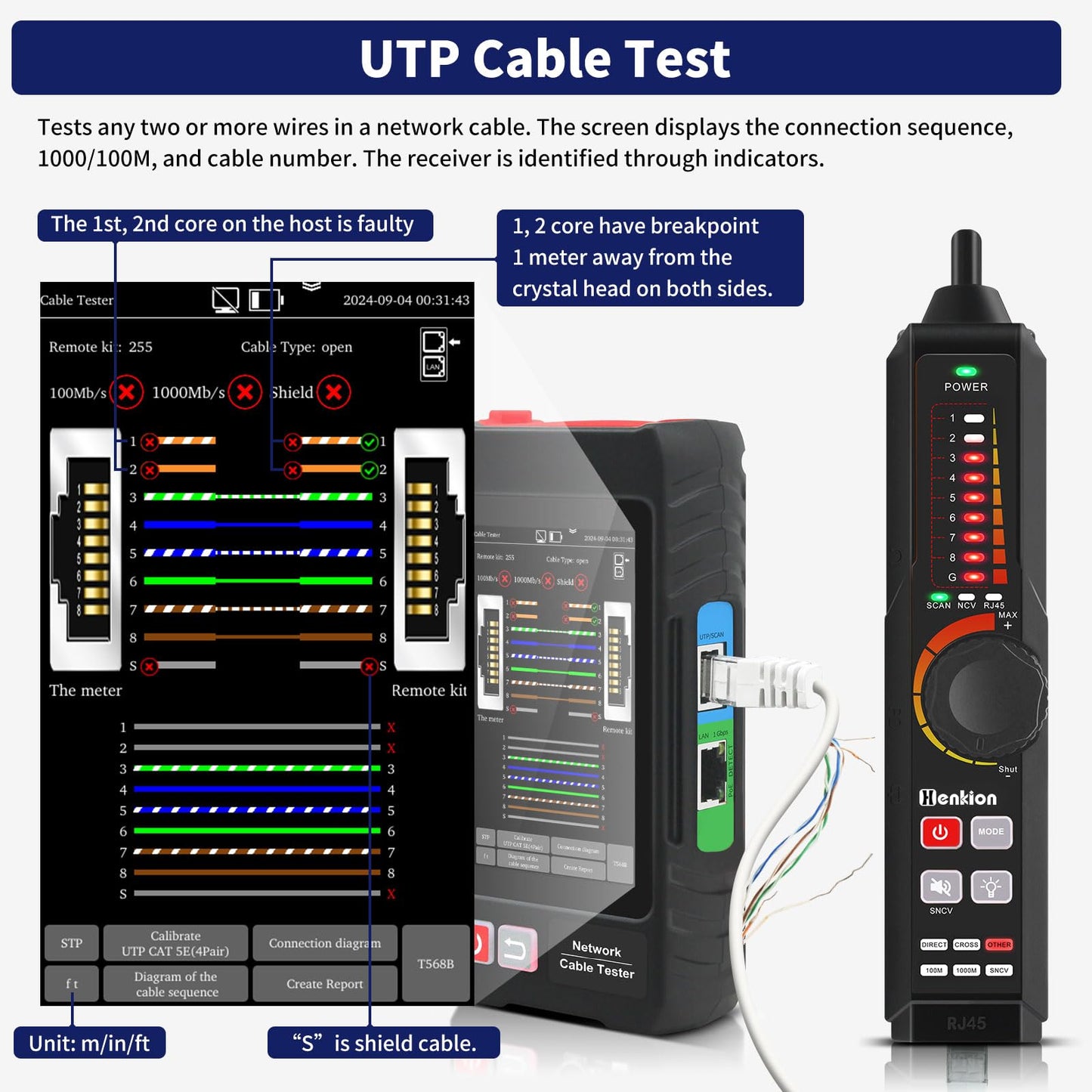 Multifunction RJ45 Network Caber Tester, 4" IPS Touch Screen UTP Cable Tester,Rechargeable Ethernet Cable Tracer,Support Network Tools, POE++ Detect,Cable Length Meter,RJ45 TDR Test,NCV,FTP (LT-600S)