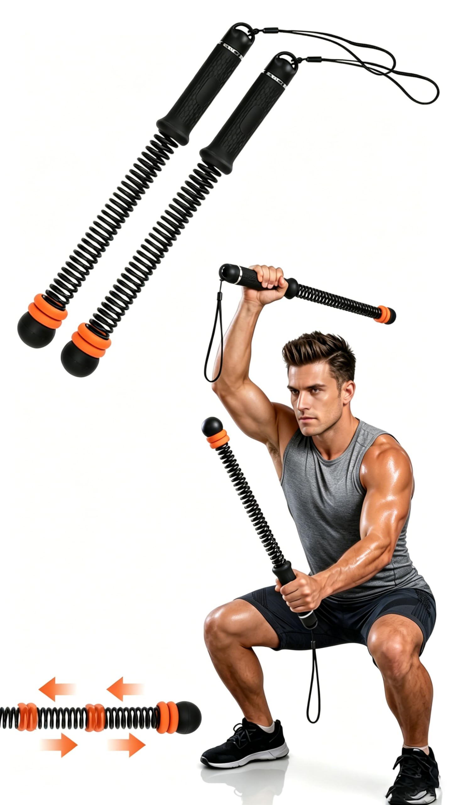 Ropeless Battle Ropes with Weighted Springs, Portable Weighted Home Fitness Training Tool for Low-Impact Exercise, HIIT & Strength Building, Suitable for Men and Women (Orange-Black)