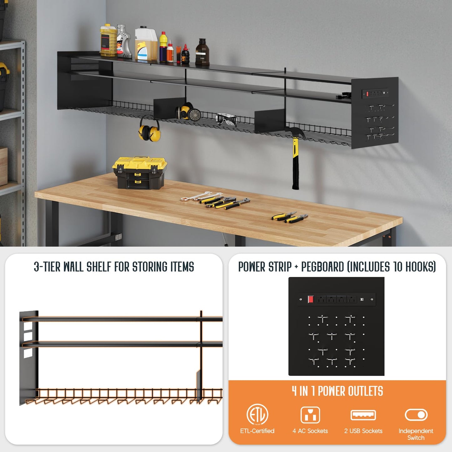 SPECRAFT 72x24 Folding Workbench with Wall-Mounted Tool Rack, Adjustable Foldable Workbench with Power Outlets & Hooks, 2330 LBS Capacity, 30.7"-40" Height for Garage, Workshop, Office