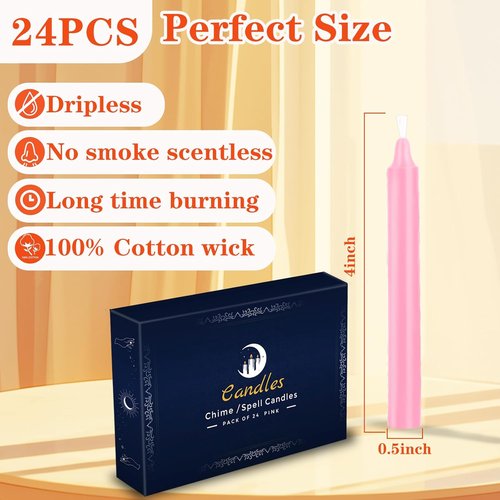 Kunrsug 24 Pack Pink Spell Chime Candles - Premium Mini Unscented Taper Candles for Rituals & Meditation - 4 Inch Tall