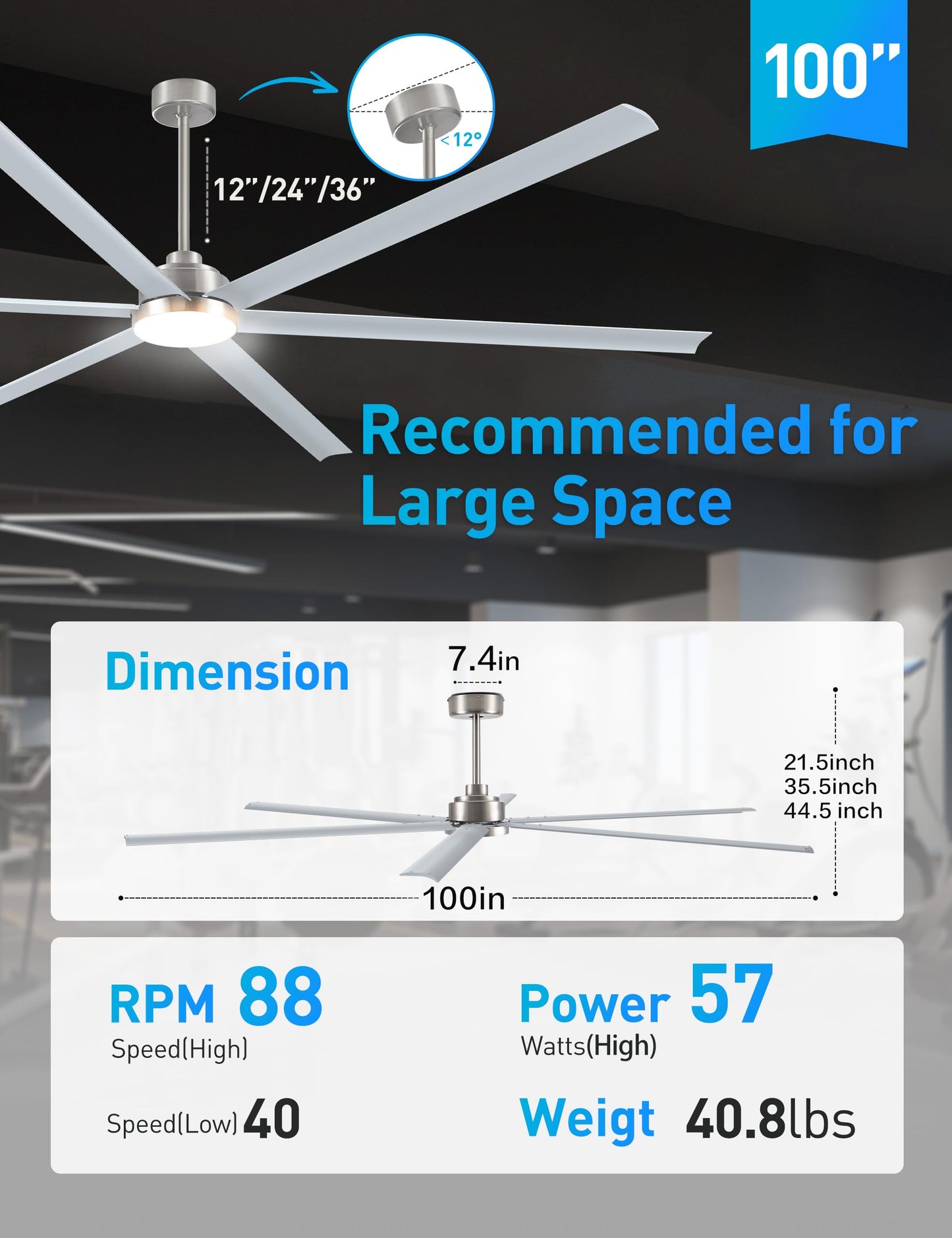 100 Inch Large Industrial HVLS Ceiling Fan with Light and Remote,High CFM Ceiling Fan with 6 Brushed Nickel Double-Layer Aluminum Blades and 12/24/36in Downrod,Quiet DC Motor Outdooor Fan for Patio
