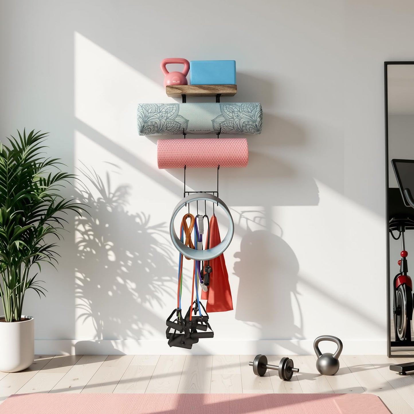 VINAEMO Yoga Mat Holder Accessories Wall Mount Organizer Storage Decor Foam Roller and Towel Storage Rack with 4 Hooks and Wooden Shelves Yoga Mats Rack Resistance Bands for Home Gym School Office