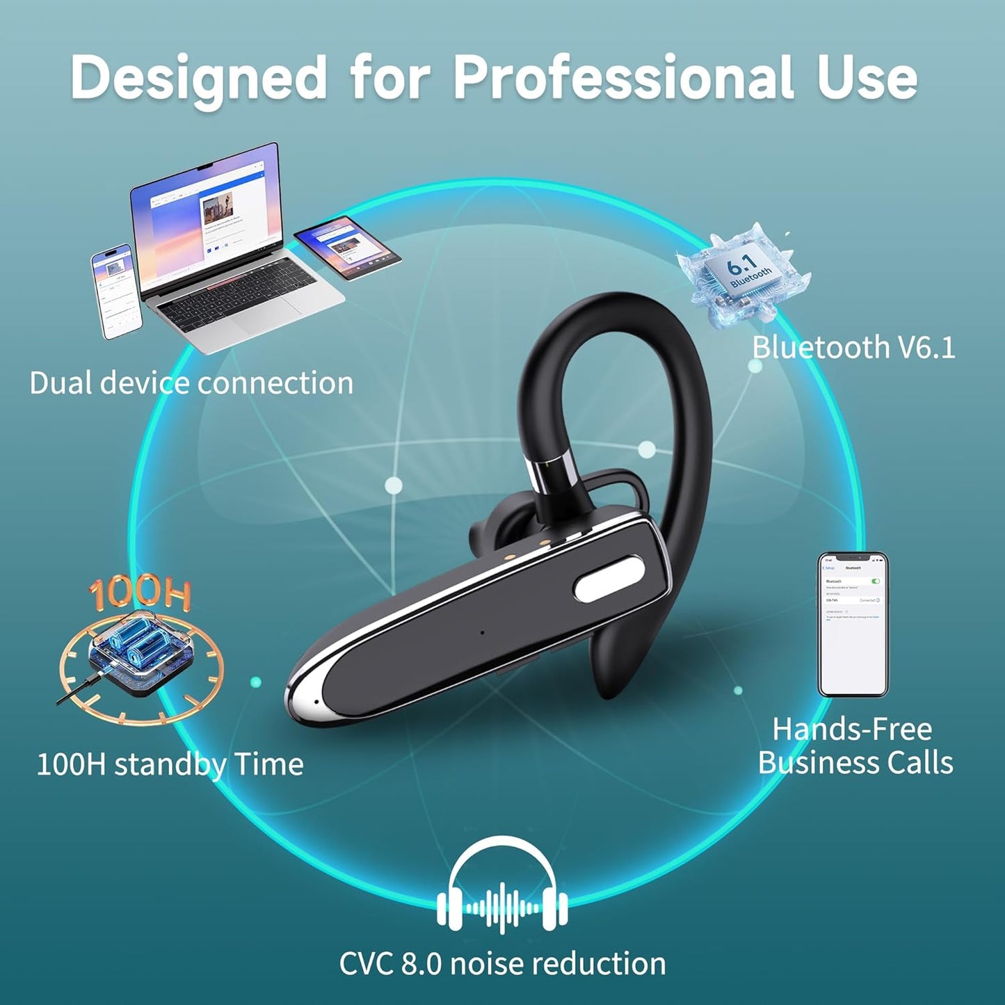 MOZC 6.1,Bluetooth Headset 100H Time,800mAh Headset Headset Bluetooth Earpiece Single Ear Business Earbuds